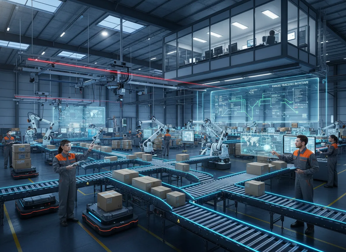Funcionários e robôs em centro logístico moderno com esteiras e telas digitais | Imagine Company - Agência de Marketing e Vendas em Goiânia - GO - BRASIL