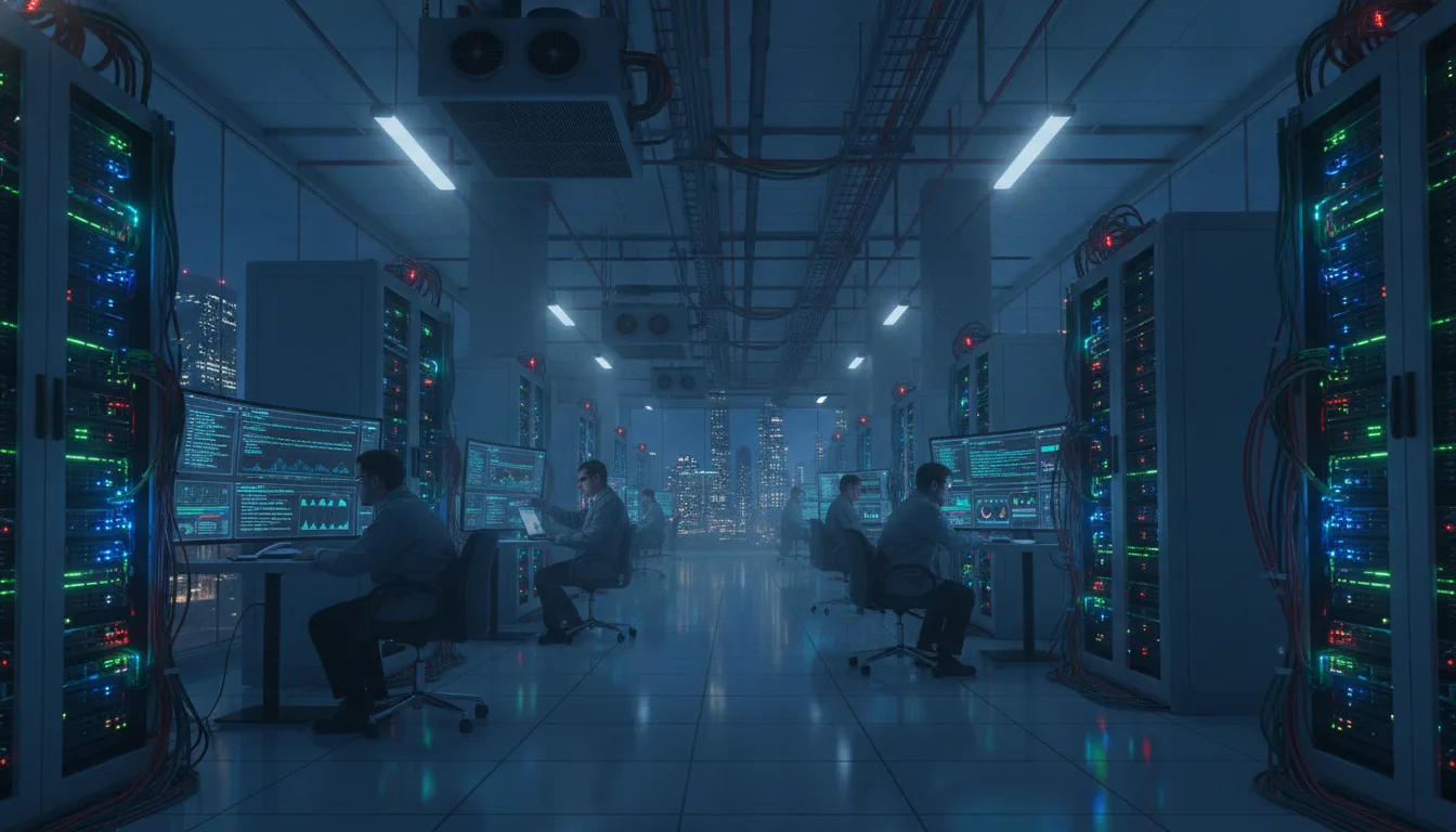 Sala de servidores com técnicos monitorando data centers à noite | Imagine Company - Agência de Marketing e Vendas em Goiânia - GO - BRASIL