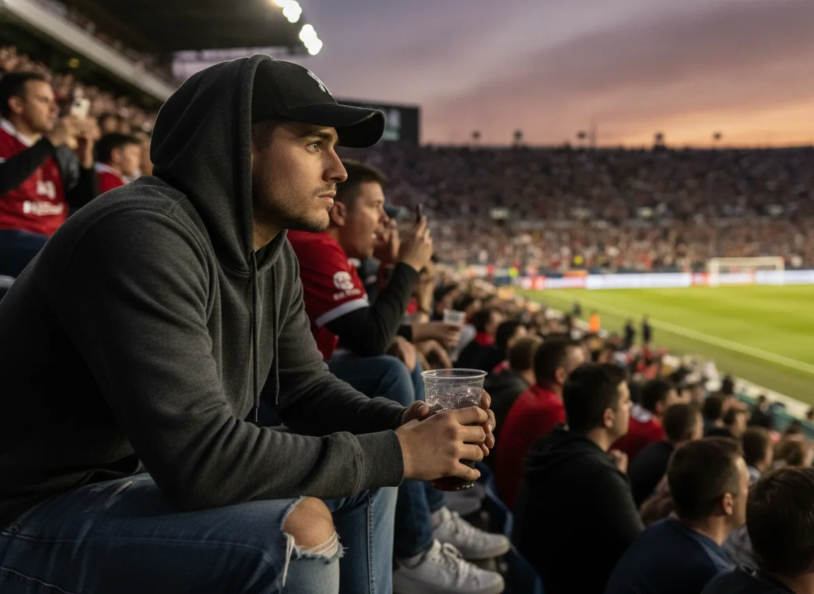 Homem com boné e moletom cinza sentado em arquibancada de estádio de futebol | Imagine Company - Agência de Marketing e Vendas em Goiânia - GO - BRASIL