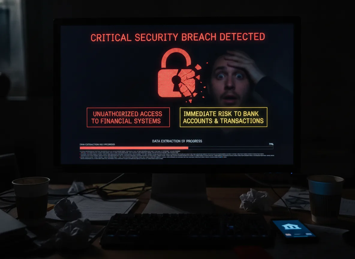 Tela de computador mostrando alerta de violação de segurança crítica com homem preocupado | Imagine Company - Agência de Marketing e Vendas em Goiânia - GO - BRASIL