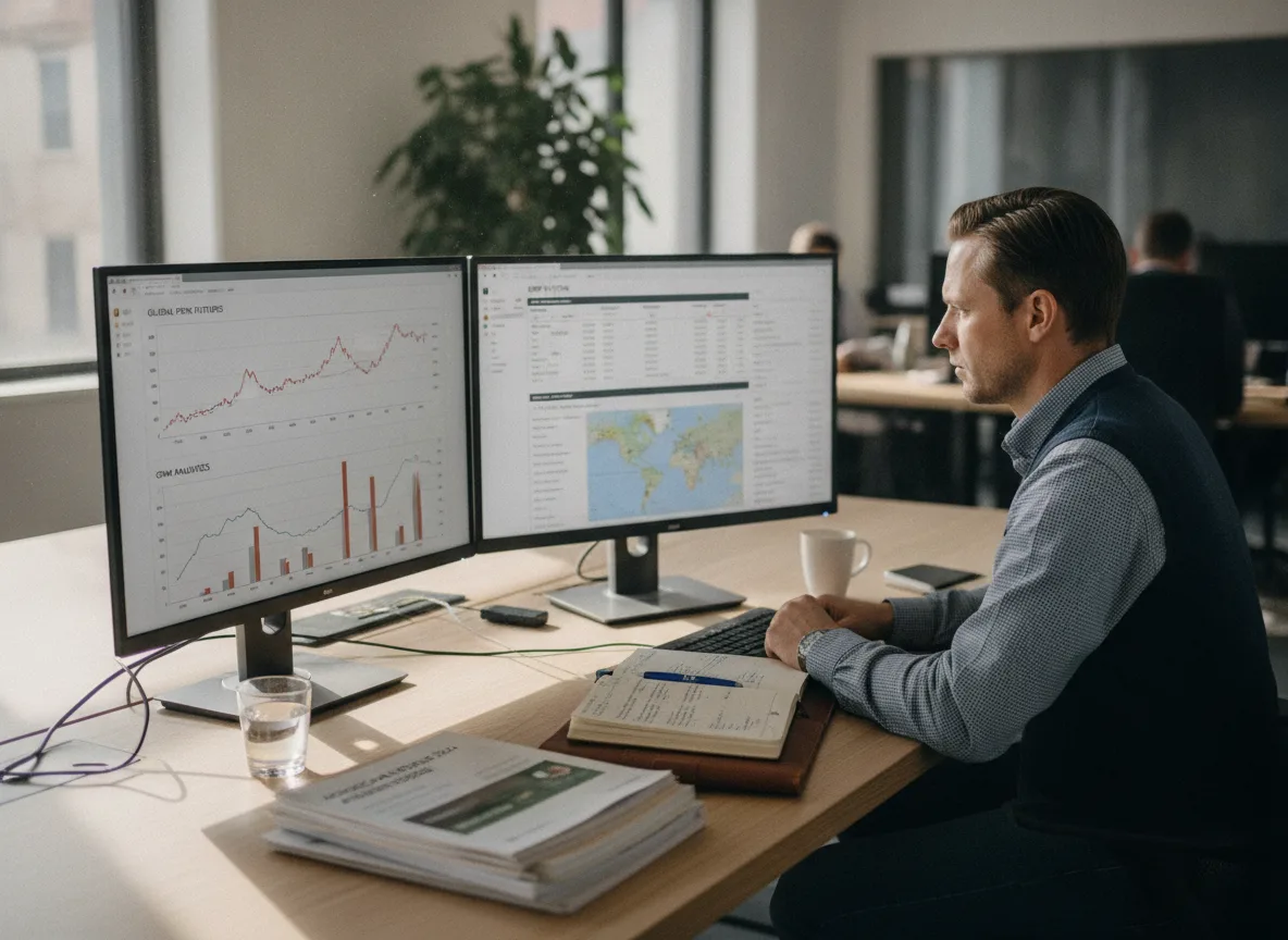 Homem analisa gráficos de mercado de suínos em dois monitores. | Imagine Company - Agência de Marketing e Vendas em Goiânia - GO - BRASIL