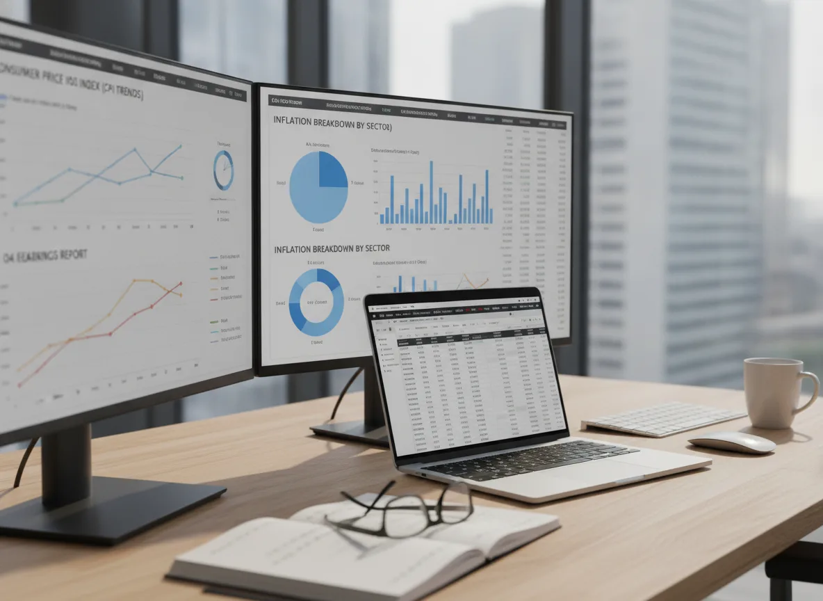 Três monitores exibindo gráficos de mercado e balanços financeiros. | Imagine Company - Agência de Marketing e Vendas em Goiânia - GO - BRASIL