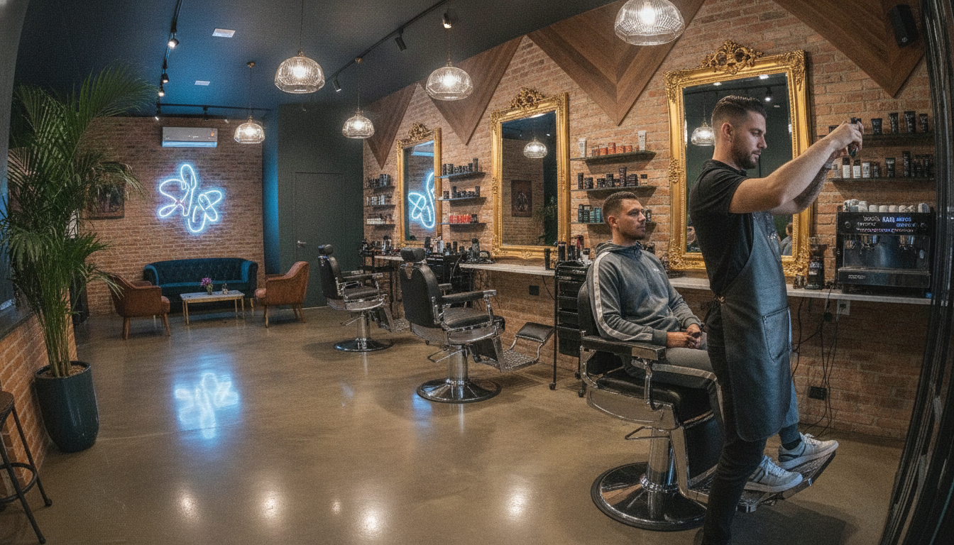 Barbeiro cortando cabelo de cliente em barbearia sofisticada com espelhos e decoração moderna | Imagine Company - Agência de Marketing e Vendas em Goiânia - GO - BRASIL
