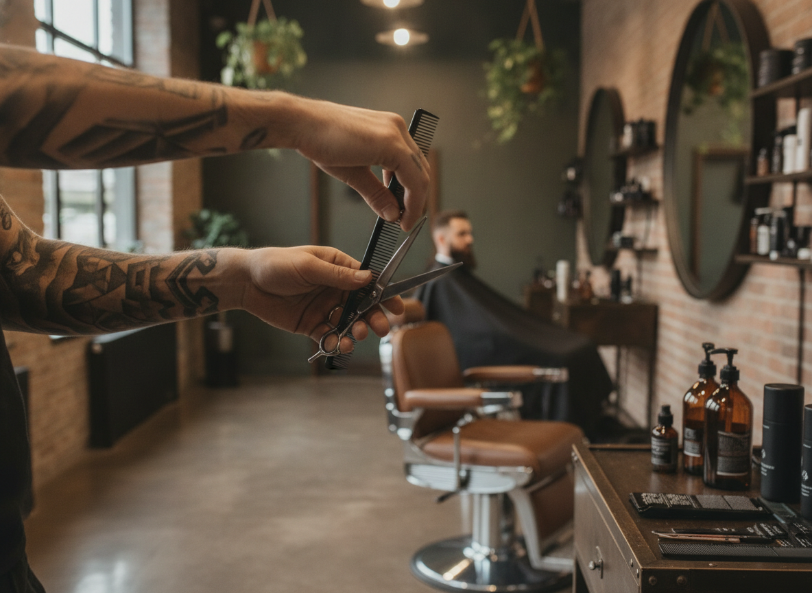 Barbeiro com tesoura em salão moderno atendendo cliente | Imagine Company - Agência de Marketing e Vendas em Goiânia - GO - BRASIL