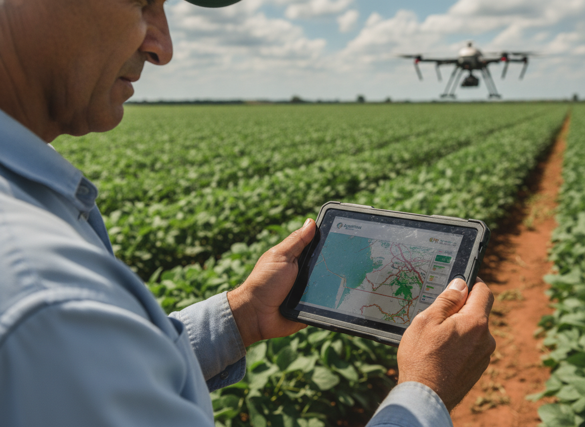 Produtor rural com tablet em campo e drone ao fundo | Imagine Company - Agência de Marketing e Vendas em Goiânia - GO - BRASIL