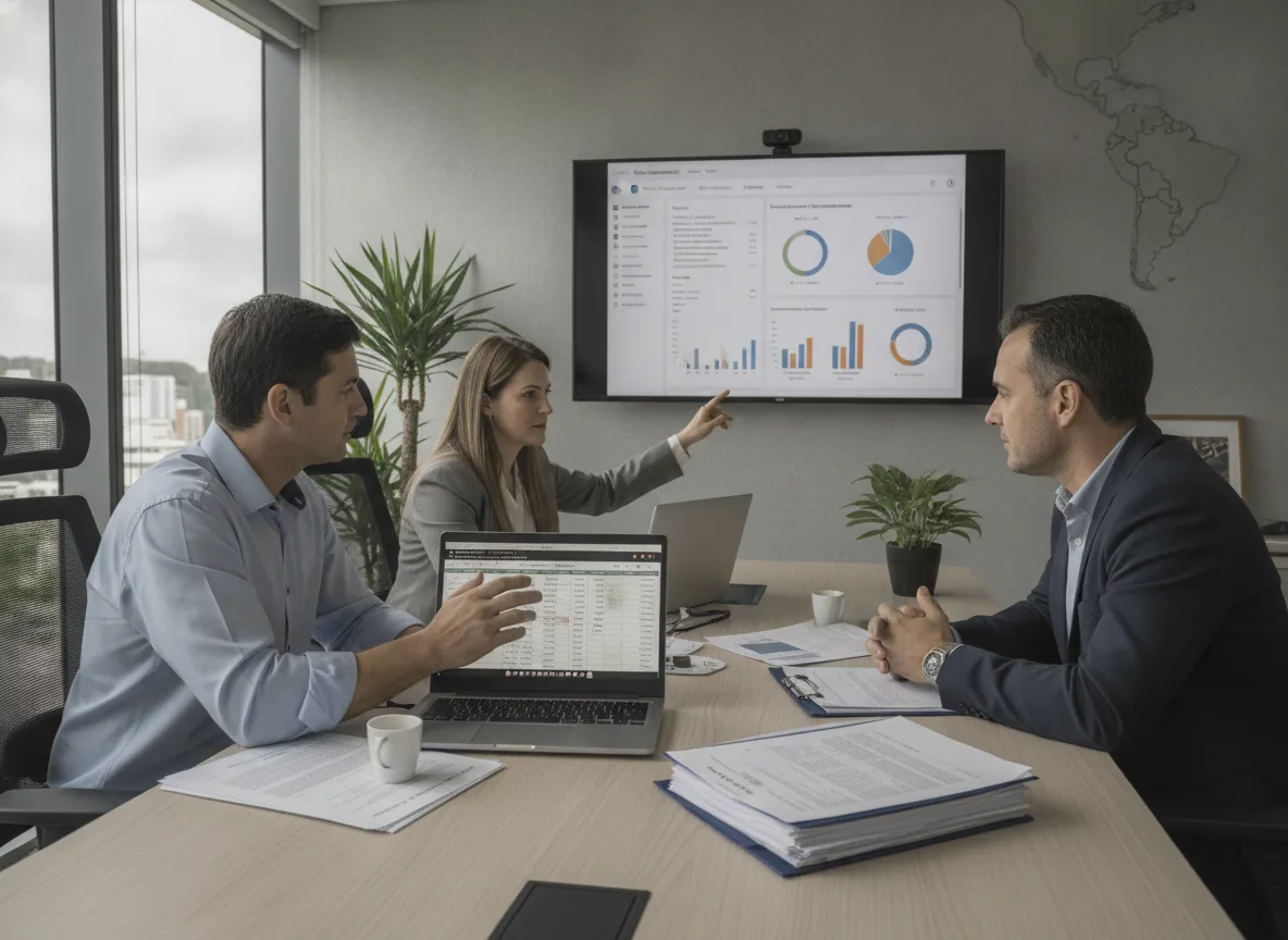Três pessoas em reunião analisando gráficos de crédito rural e endividamento. | Imagine Company - Agência de Marketing e Vendas em Goiânia - GO - BRASIL