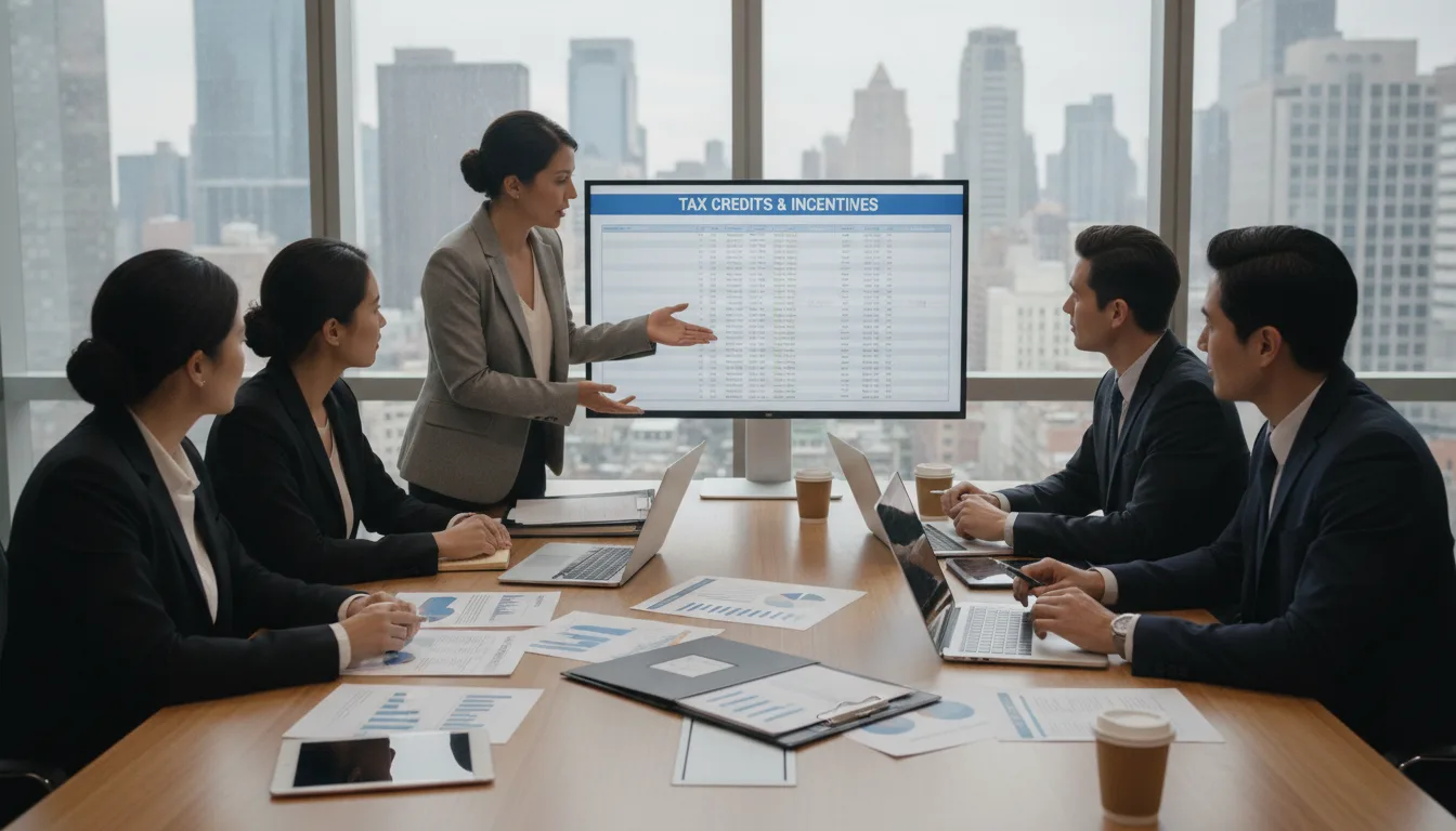 Pessoas em reunião discutindo créditos judiciais de PIS/Cofins com gráfico na tela. | Imagine Company - Agência de Marketing e Vendas em Goiânia - GO - BRASIL