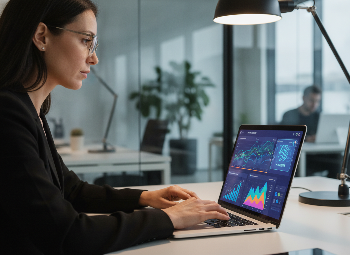 Mulher analisando gráficos de dados em laptop em escritório moderno | Imagine Company - Agência de Marketing e Vendas em Goiânia - GO - BRASIL
