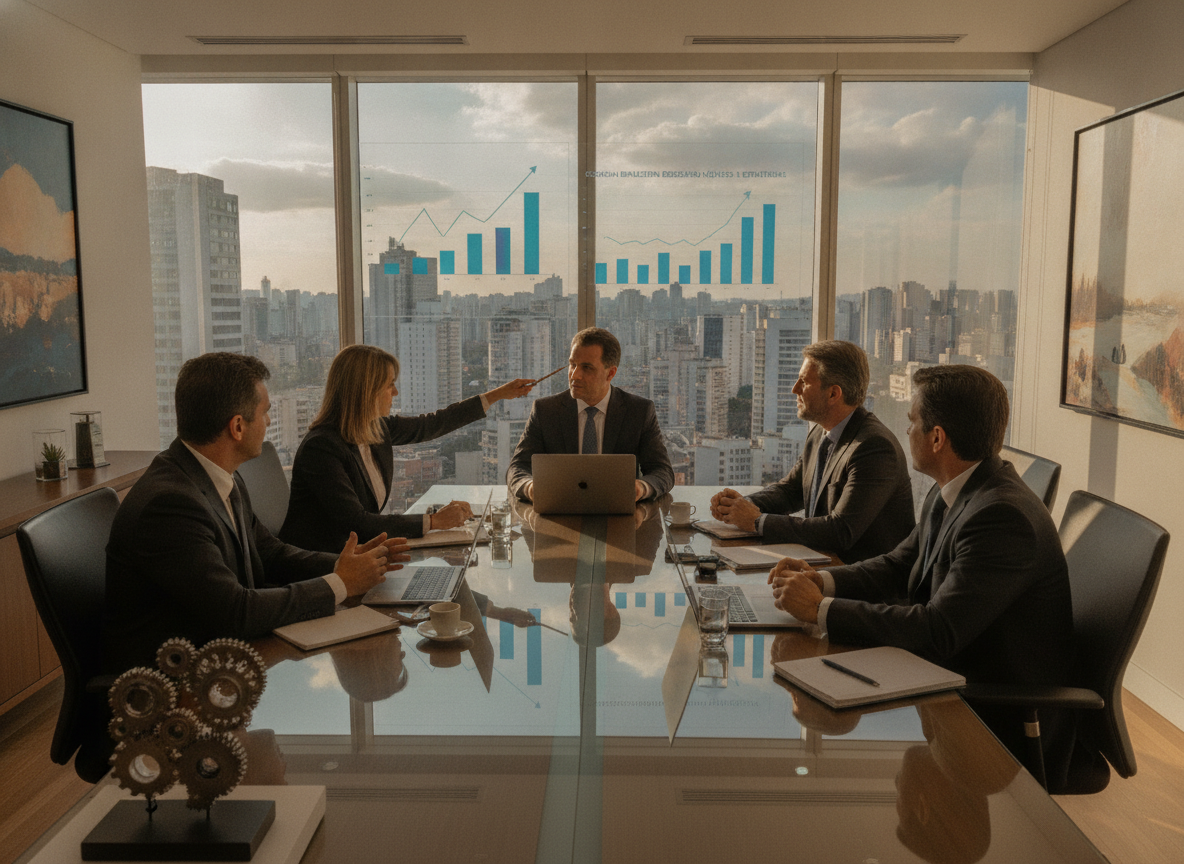 Cinco executivos em reunião com gráficos de desempenho ao fundo | Imagine Company - Agência de Marketing e Vendas em Goiânia - GO - BRASIL