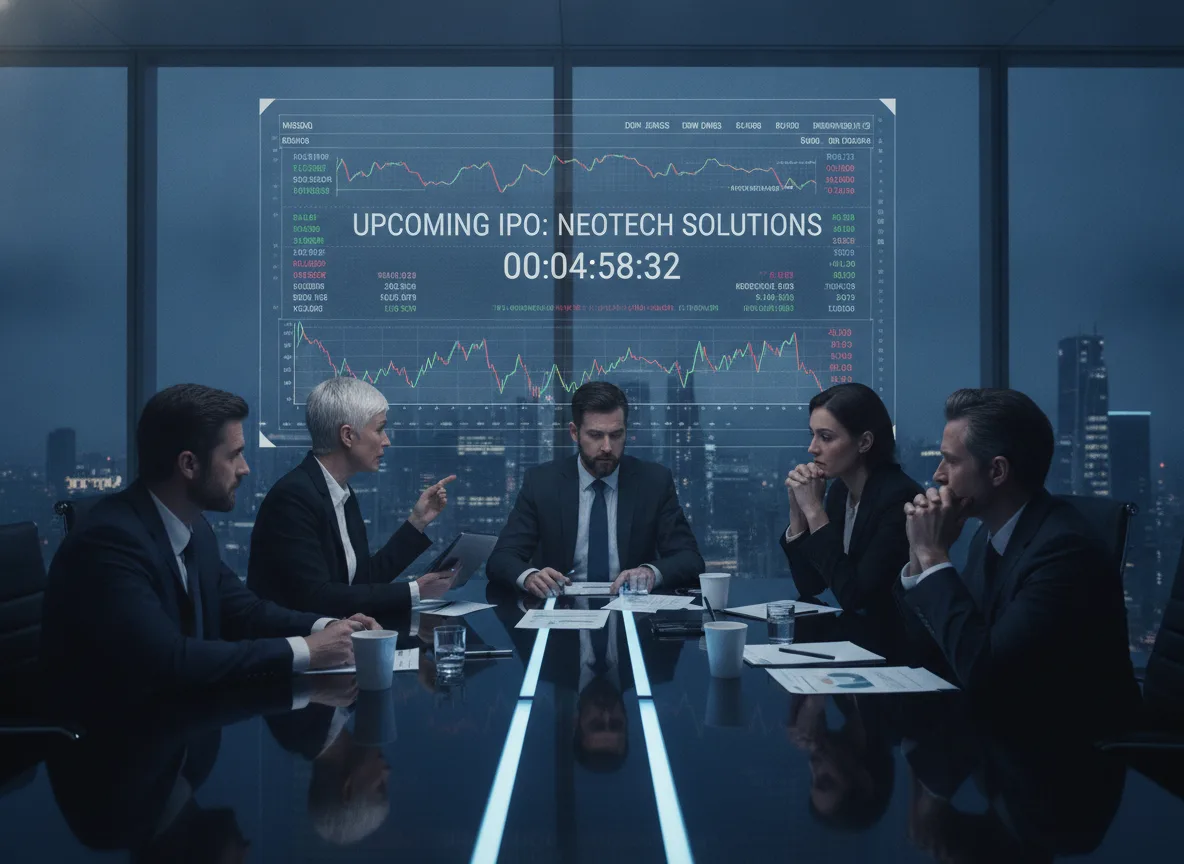 Executivos em reunião sobre IPO, gráficos financeiros ao fundo | Imagine Company - Agência de Marketing e Vendas em Goiânia - GO - BRASIL