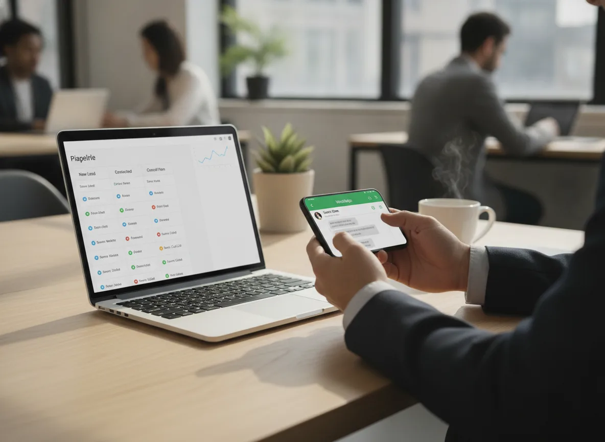 Homem usando CRM de vendas em laptop e celular em escritório | Imagine Company - Agência de Marketing e Vendas em Goiânia - GO - BRASIL