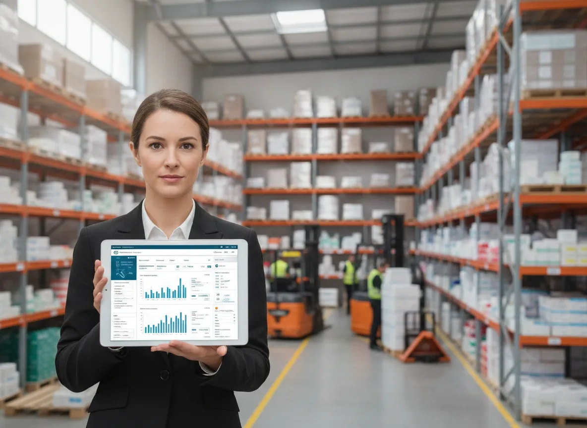 Mulher em armazém farmacêutico segurando tablet com gráficos de CRM | Imagine Company - Agência de Marketing e Vendas em Goiânia - GO - BRASIL
