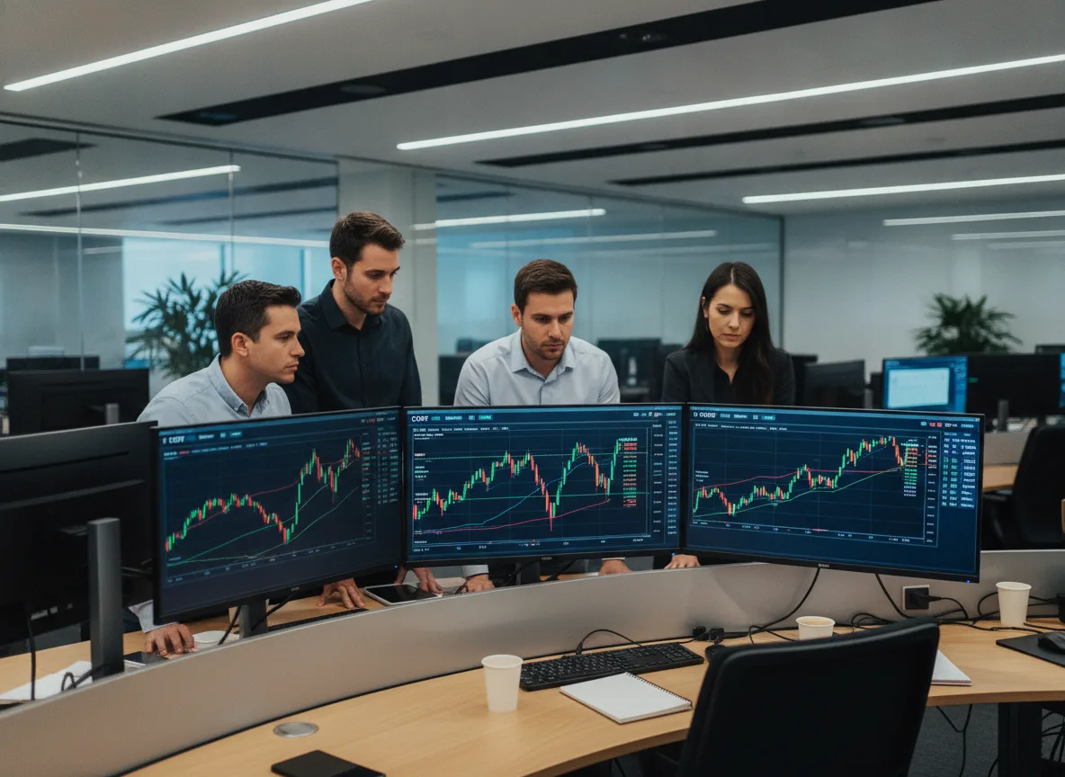 Quatro analistas observando gráficos de ações em monitores em um escritório moderno | Imagine Company - Agência de Marketing e Vendas em Goiânia - GO - BRASIL