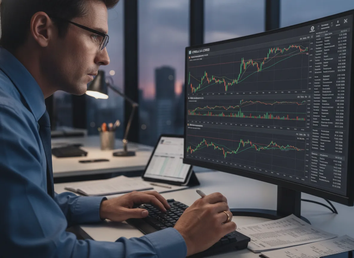 Homem analisando gráficos de ações Cyrela em tela de computador | Imagine Company - Agência de Marketing e Vendas em Goiânia - GO - BRASIL