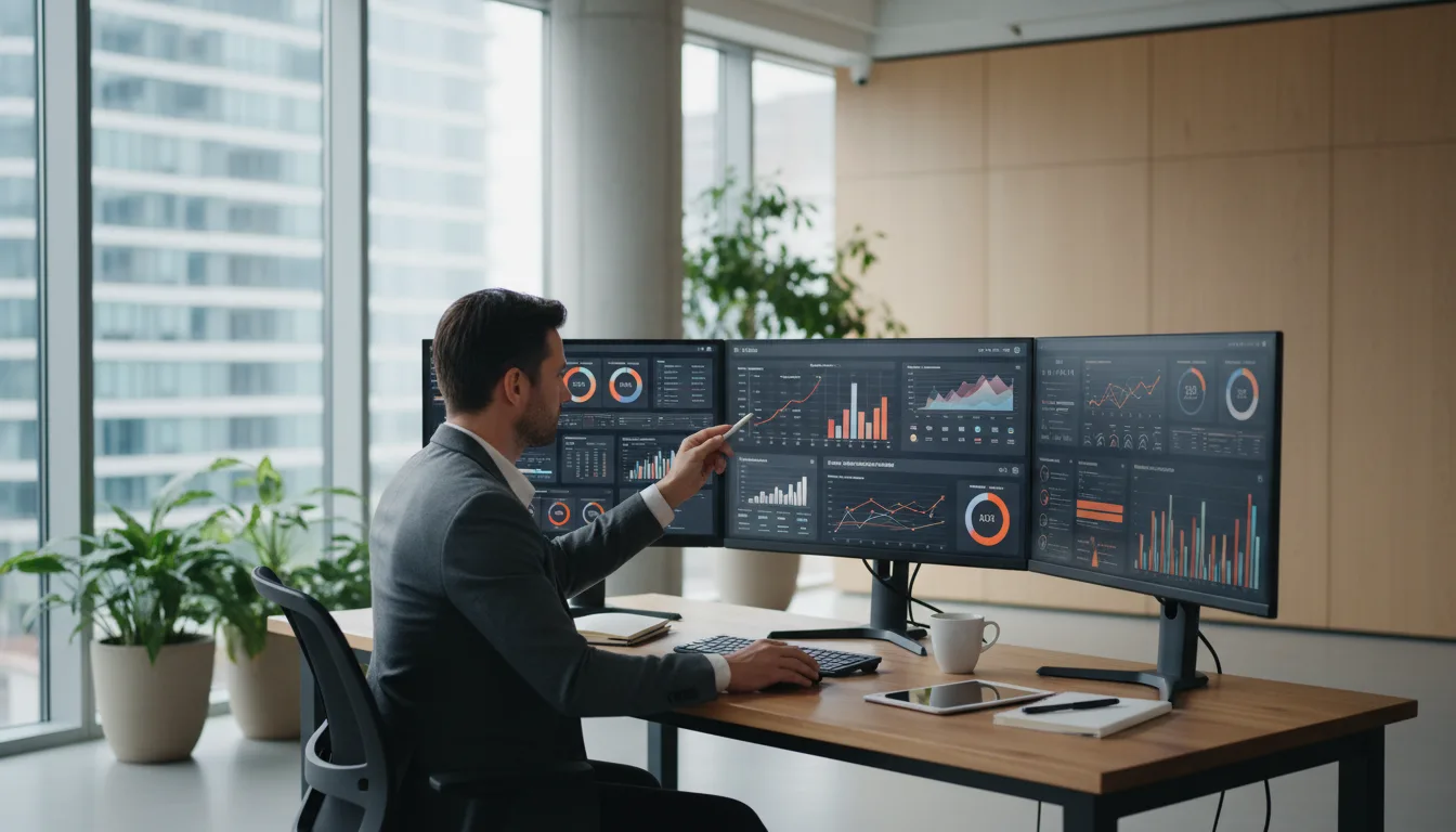 Homem em escritório analisando gráficos de marketing em três monitores | Imagine Company - Agência de Marketing e Vendas em Goiânia - GO - BRASIL