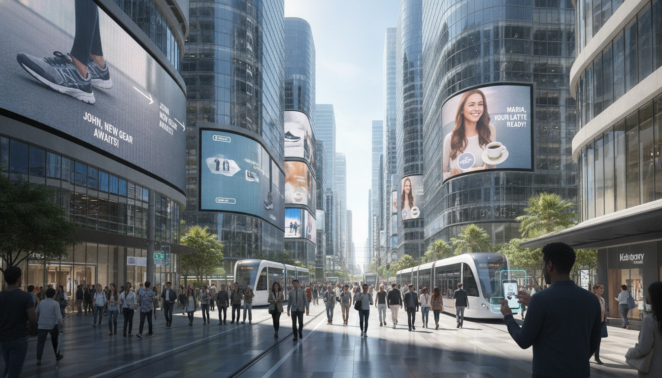 Rua moderna com painéis de publicidade digital e pedestres | Imagine Company - Agência de Marketing e Vendas em Goiânia - GO - BRASIL