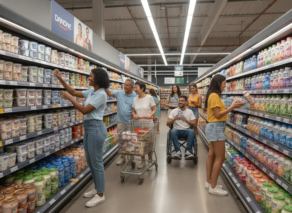 Pessoas comprando produtos Danone em supermercado, foco em proteínas | Imagine Company - Agência de Marketing e Vendas em Goiânia - GO - BRASIL