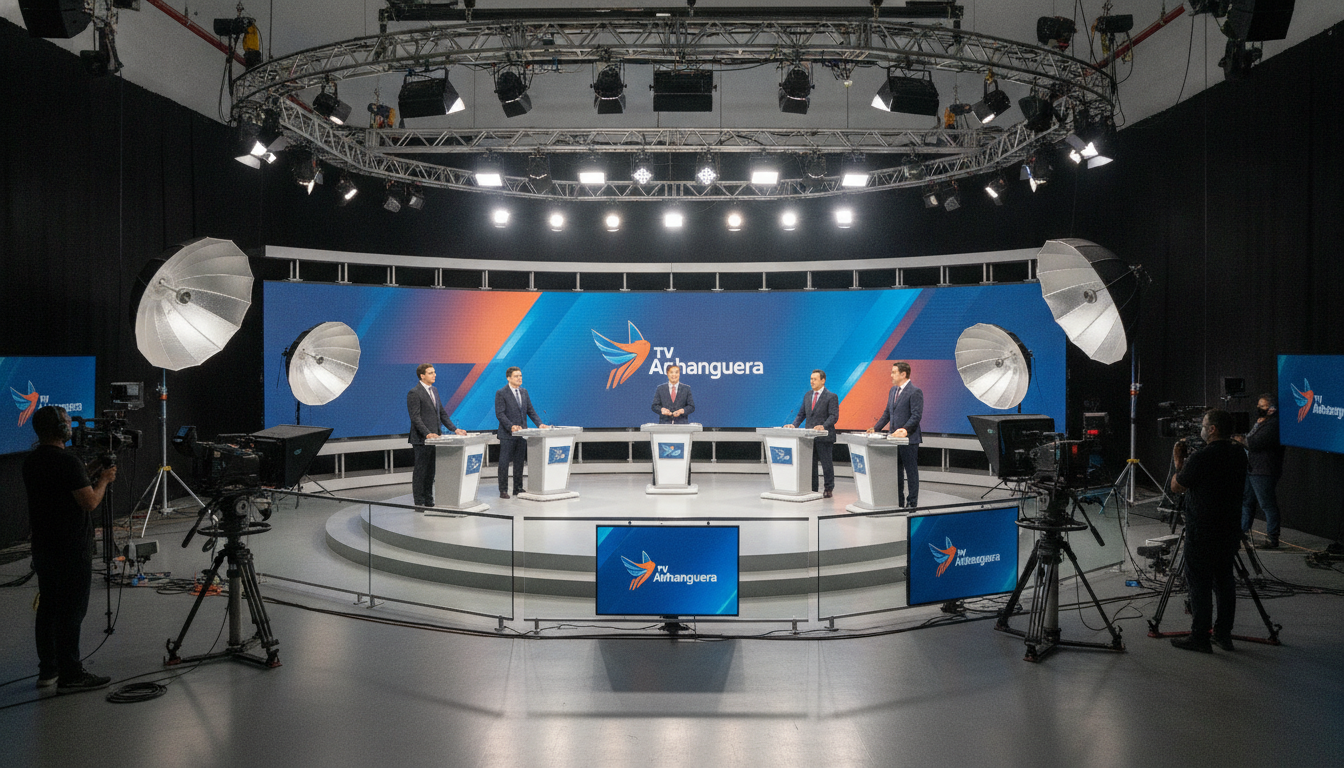 Candidatos ao governo de Goiás em debate na TV Anhanguera, estúdio com iluminação profissional. | Imagine Company - Agência de Marketing e Vendas em Goiânia - GO - BRASIL