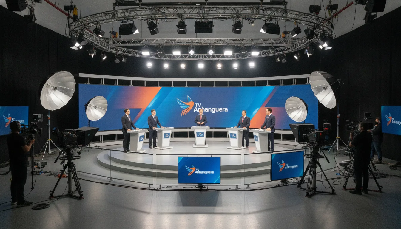 Candidatos ao governo de Goiás em debate na TV Anhanguera, estúdio com iluminação profissional. | Imagine Company - Agência de Marketing e Vendas em Goiânia - GO - BRASIL