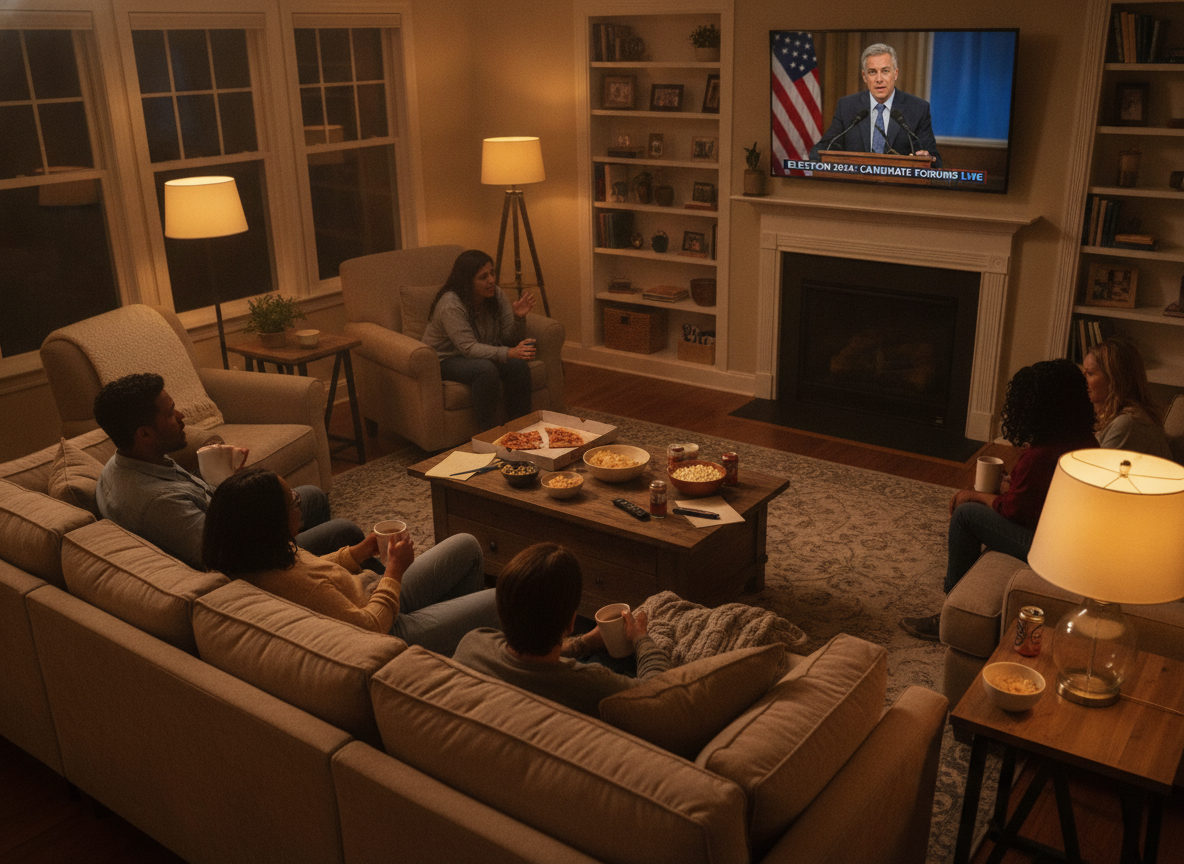Pessoas assistindo ao debate da TV Anhanguera com candidatos ao governo de Goiás na sala de estar | Imagine Company - Agência de Marketing e Vendas em Goiânia - GO - BRASIL