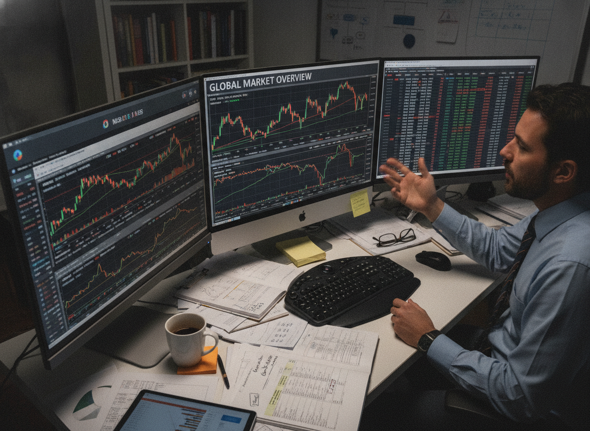 Homem em escritório observa gráficos de mercado em três monitores, com documentos na mesa | Imagine Company - Agência de Marketing e Vendas em Goiânia - GO - BRASIL