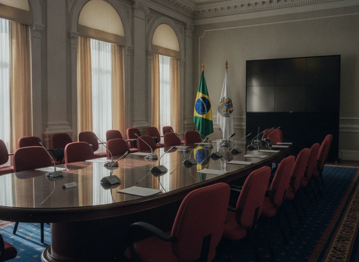Sala de reunião vazia com bandeira do Brasil e microfones | Imagine Company - Agência de Marketing e Vendas em Goiânia - GO - BRASIL