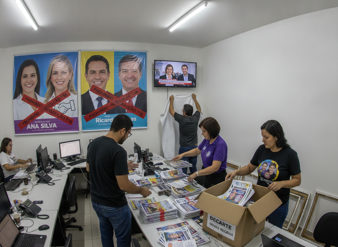 Pessoas em escritório organizam materiais de campanha com cartazes restritos pelo TSE | Imagine Company - Agência de Marketing e Vendas em Goiânia - GO - BRASIL