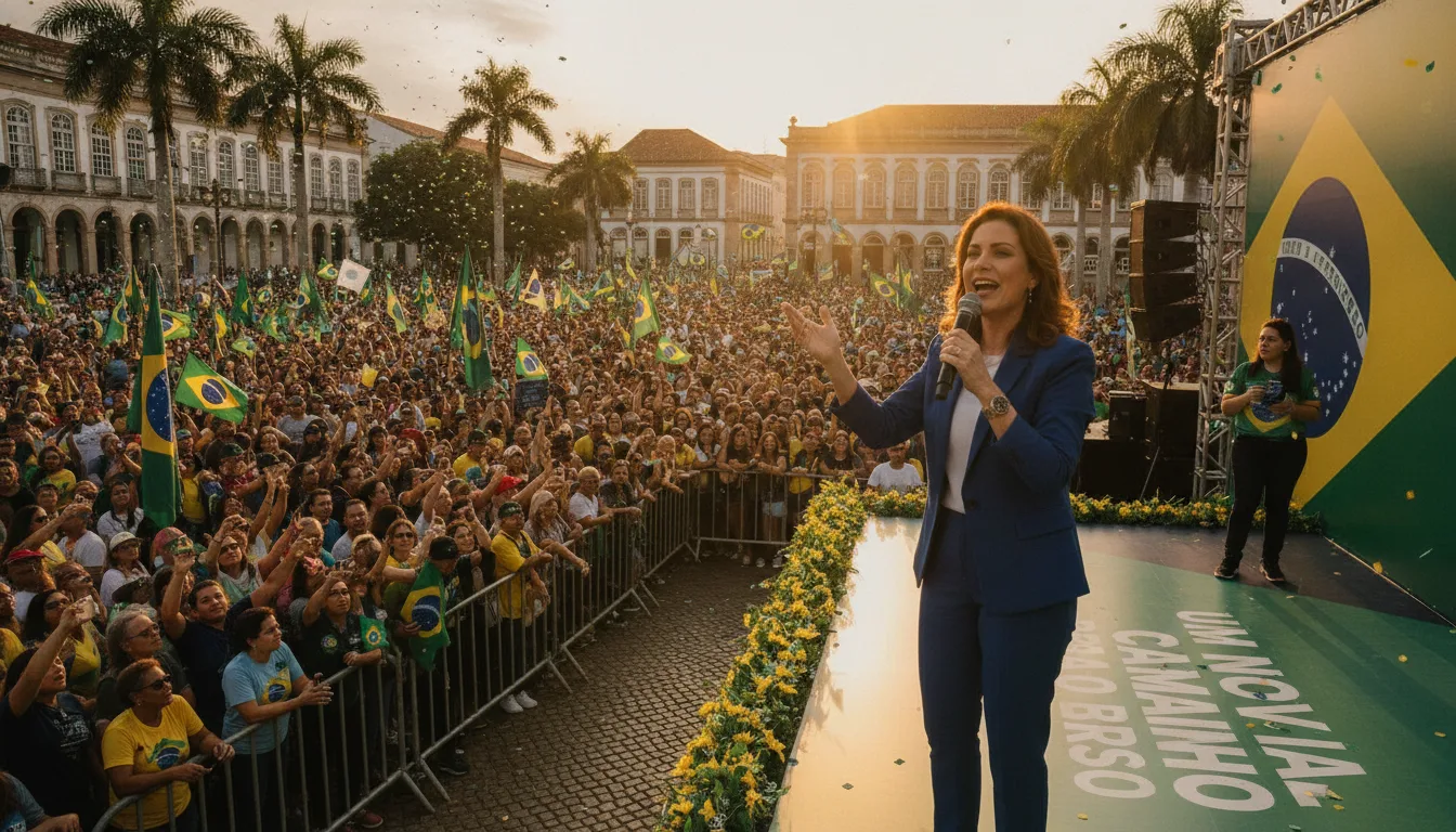 Político falando para multidão com bandeiras do Brasil em evento ao ar livre | Imagine Company - Agência de Marketing e Vendas em Goiânia - GO - BRASIL