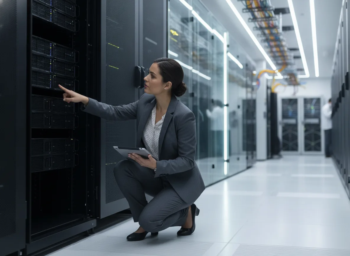 Mulher de terno inspeciona servidores Dell em data center | Imagine Company - Agência de Marketing e Vendas em Goiânia - GO - BRASIL