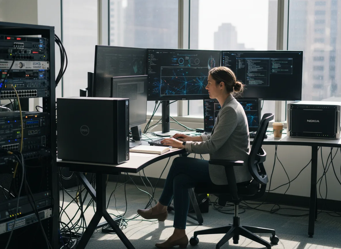 Mulher trabalhando em escritório com computadores Dell e Nokia, analisando dados em telas. | Imagine Company - Agência de Marketing e Vendas em Goiânia - GO - BRASIL