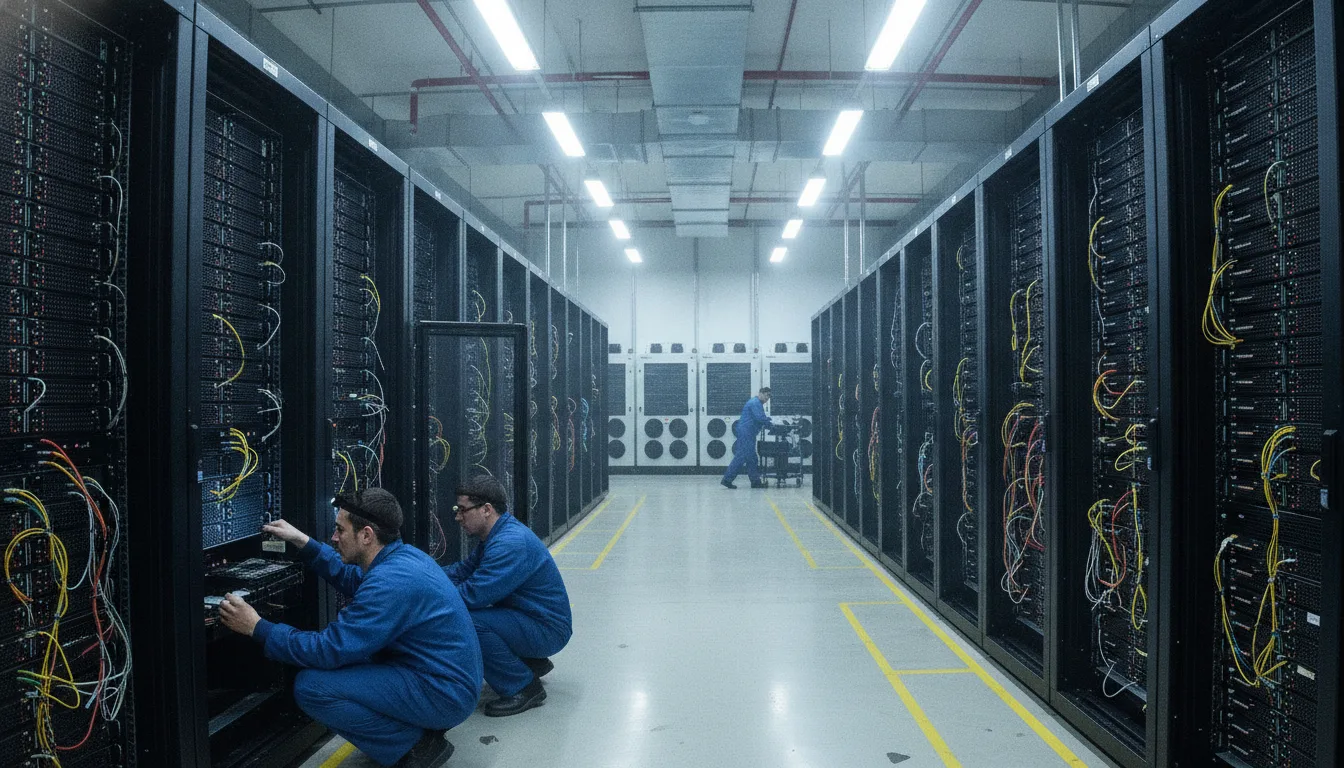 Técnicos em data center ajustando servidores em resposta à demanda elétrica | Imagine Company - Agência de Marketing e Vendas em Goiânia - GO - BRASIL