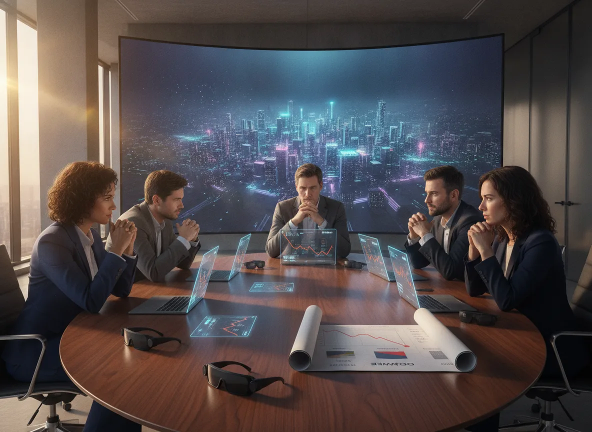 Pessoas em reunião com hologramas e gráficos sobre metaverso | Imagine Company - Agência de Marketing e Vendas em Goiânia - GO - BRASIL