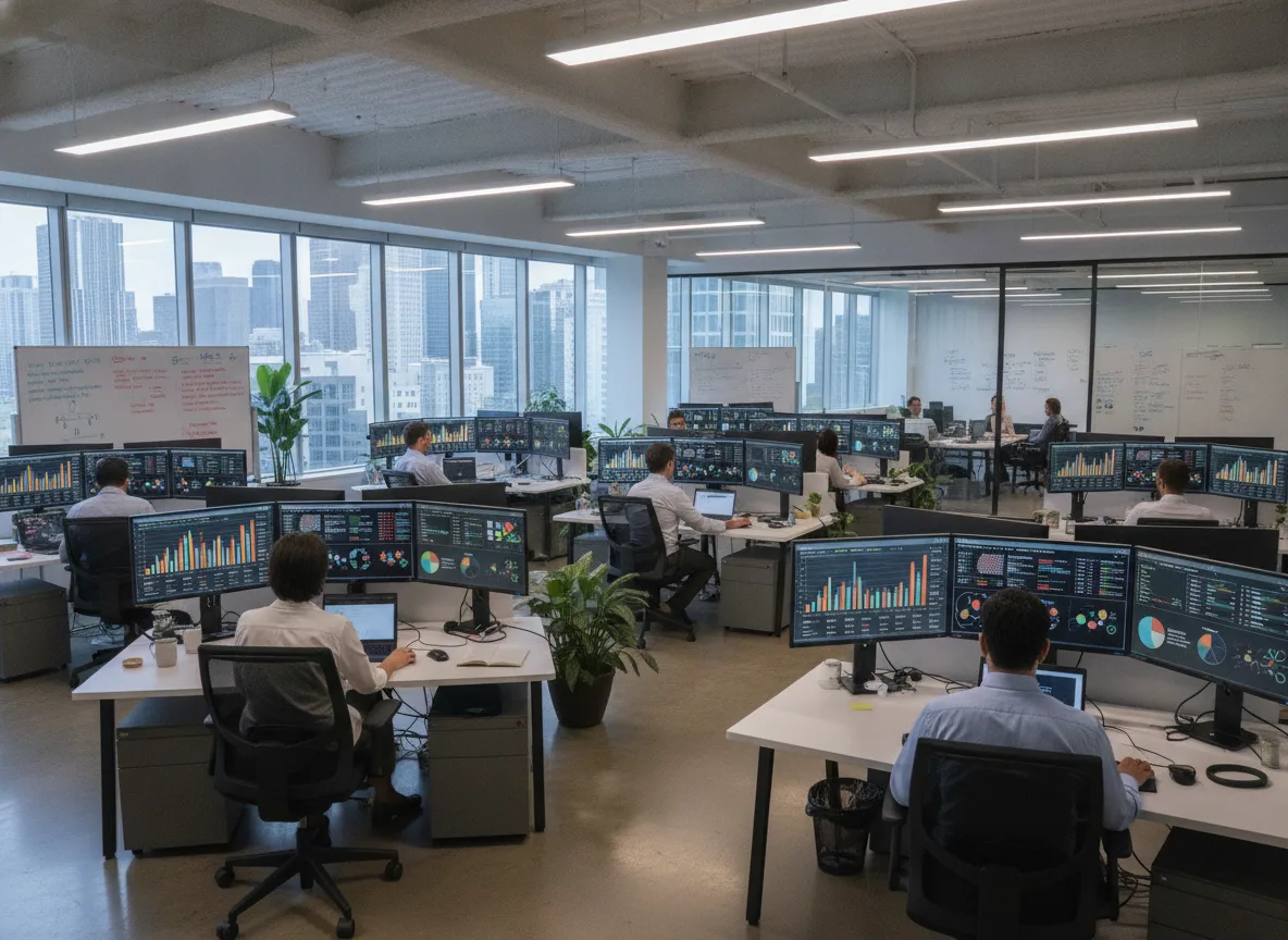Pessoas trabalhando em computadores com gráficos e dados em um escritório | Imagine Company - Agência de Marketing e Vendas em Goiânia - GO - BRASIL