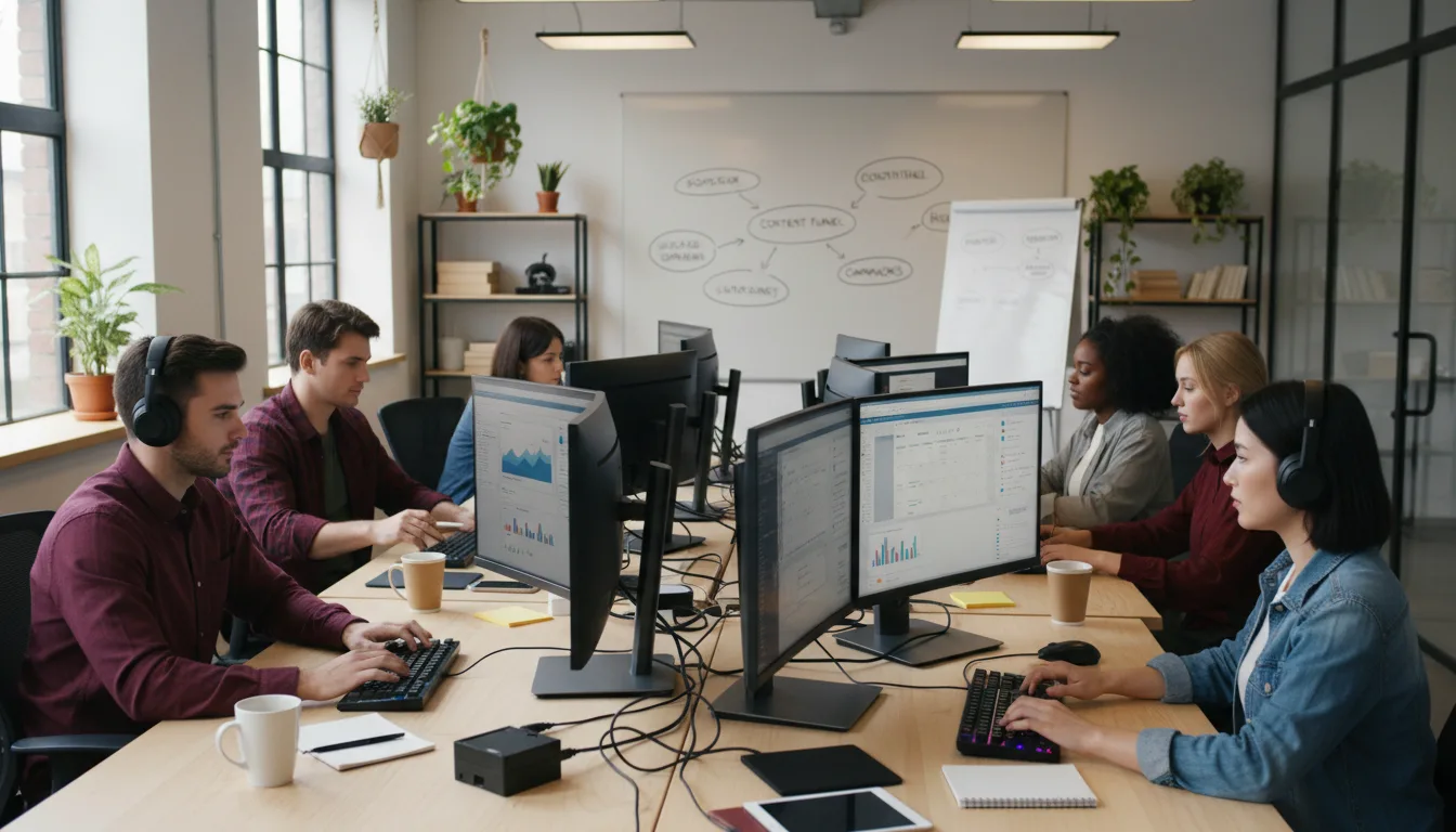 Pessoas em um escritório colaborando em estratégias de marketing digital | Imagine Company - Agência de Marketing e Vendas em Goiânia - GO - BRASIL