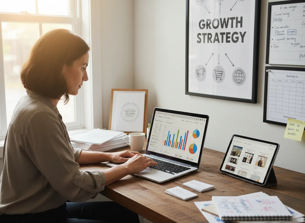 Mulher trabalhando em laptop com gráficos de marketing digital | Imagine Company - Agência de Marketing e Vendas em Goiânia - GO - BRASIL