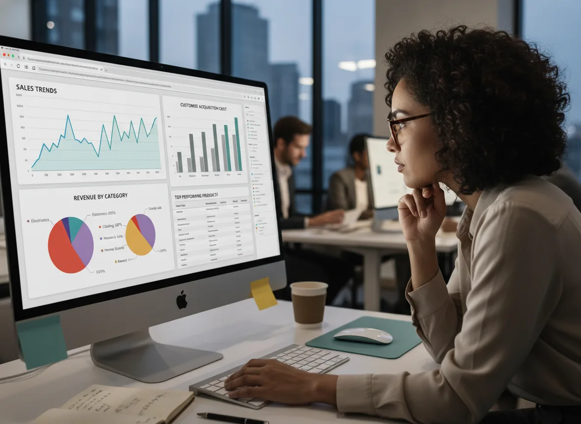 Mulher analisando gráficos de vendas em tela de computador em escritório moderno. | Imagine Company - Agência de Marketing e Vendas em Goiânia - GO - BRASIL