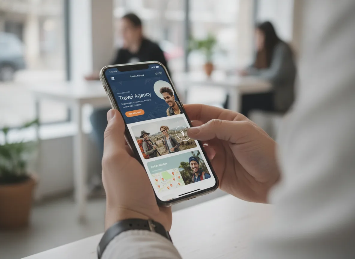 Pessoa segurando smartphone com interface de agência de viagens | Imagine Company - Agência de Marketing e Vendas em Goiânia - GO - BRASIL