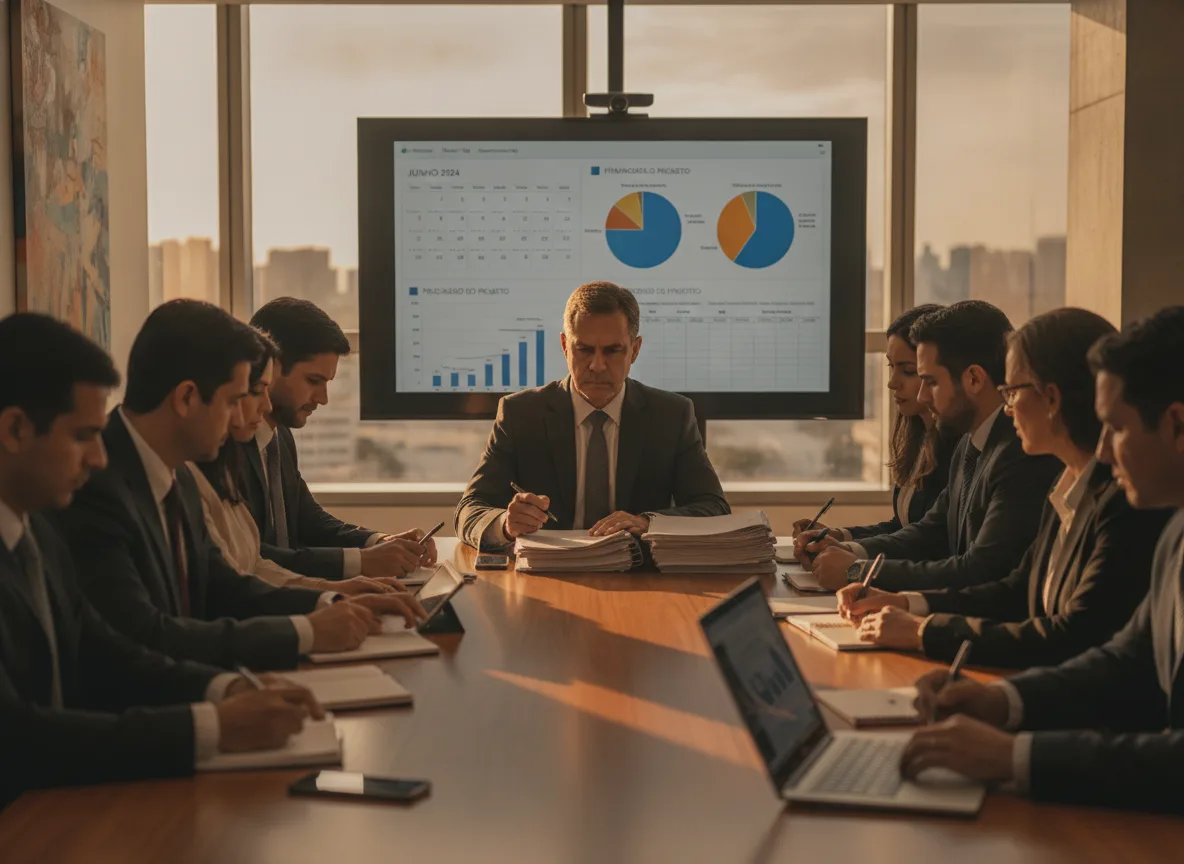 Executivos em reunião com gráficos sobre PEC do Fim da Escala 6×1 | Imagine Company - Agência de Marketing e Vendas em Goiânia - GO - BRASIL