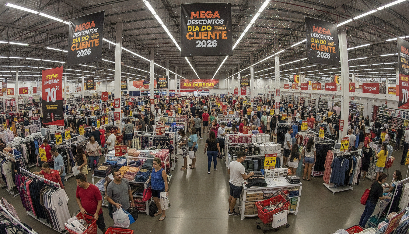 Loja cheia de clientes aproveitando mega descontos no Dia do Cliente 2026 | Imagine Company - Agência de Marketing e Vendas em Goiânia - GO - BRASIL