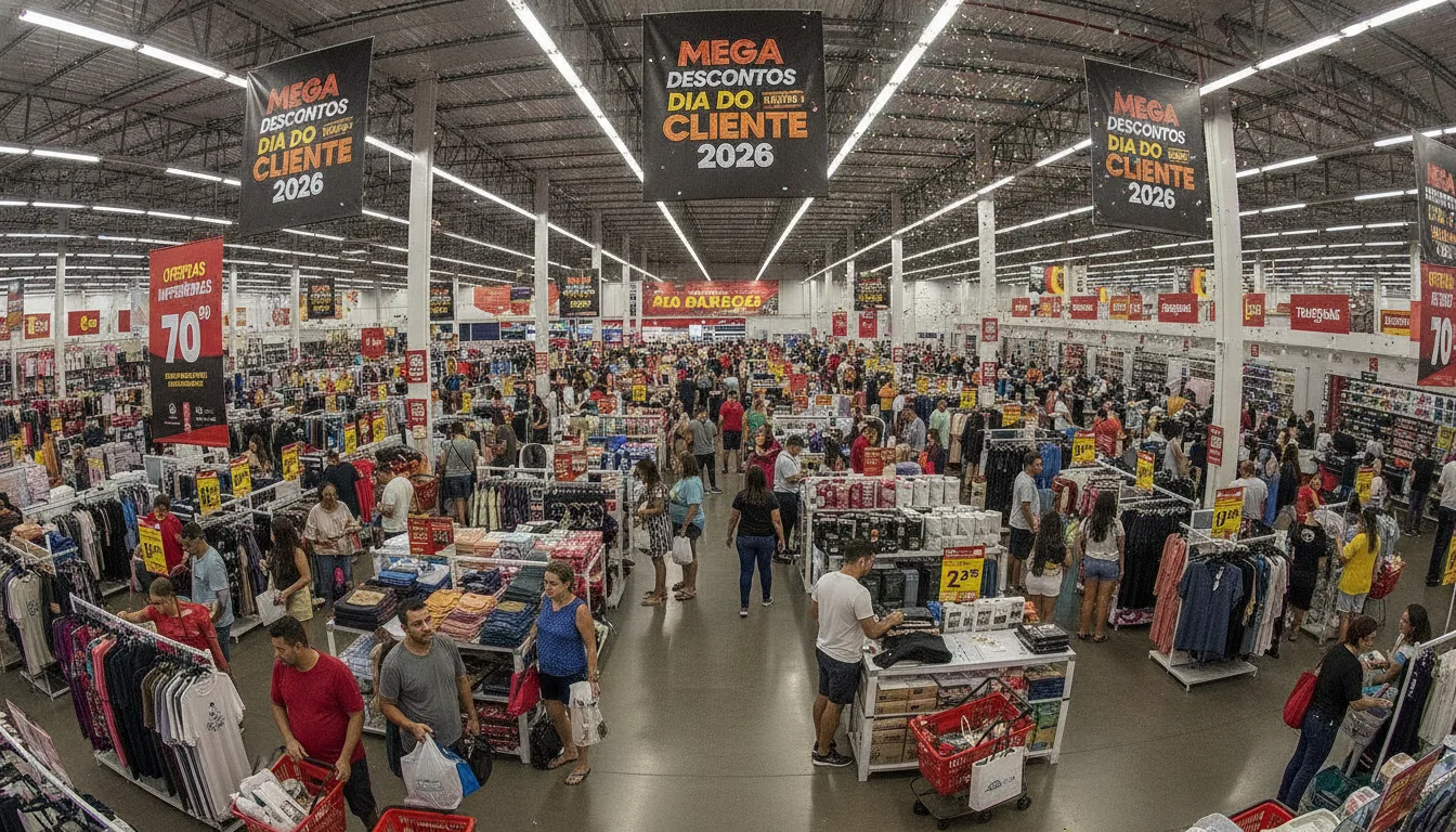 Loja cheia de clientes aproveitando mega descontos no Dia do Cliente 2026 | Imagine Company - Agência de Marketing e Vendas em Goiânia - GO - BRASIL