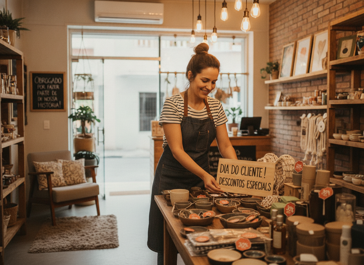 Vendedora em loja com placa de descontos para o Dia do Cliente. | Imagine Company - Agência de Marketing e Vendas em Goiânia - GO - BRASIL