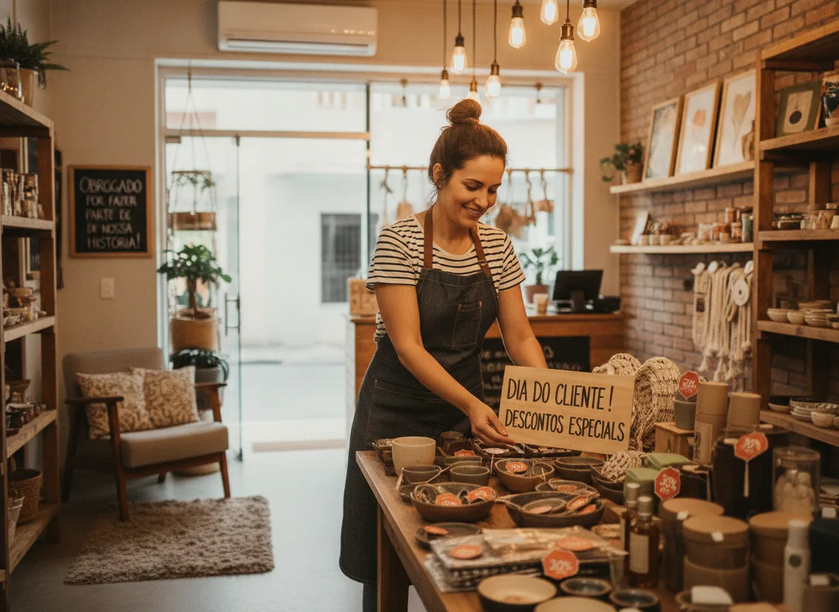 Vendedora em loja com placa de descontos para o Dia do Cliente. | Imagine Company - Agência de Marketing e Vendas em Goiânia - GO - BRASIL
