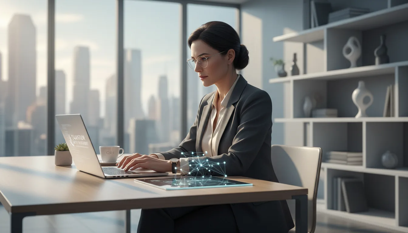 Mulher de negócios trabalhando em laptop em escritório moderno com vista urbana | Imagine Company - Agência de Marketing e Vendas em Goiânia - GO - BRASIL