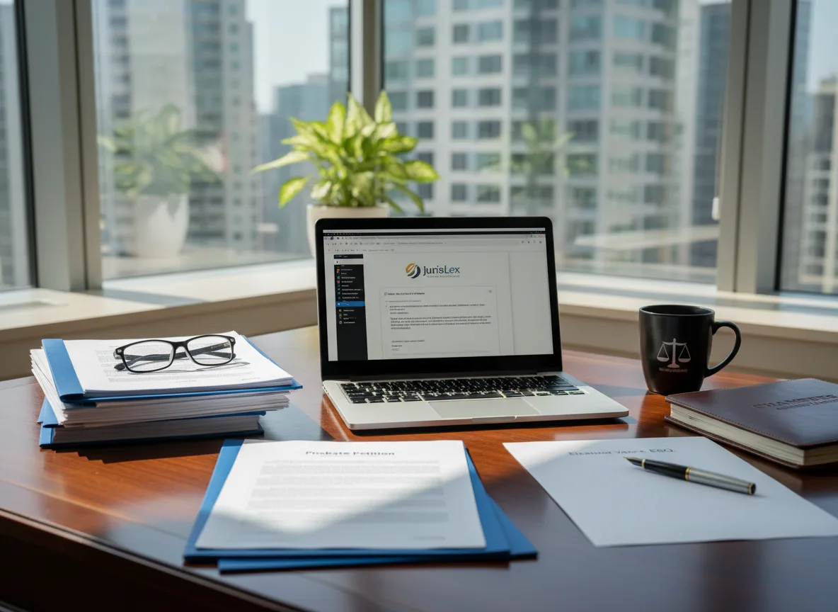 Mesa de escritório com laptop, documentos e óculos, vista para a cidade. | Imagine Company - Agência de Marketing e Vendas em Goiânia - GO - BRASIL