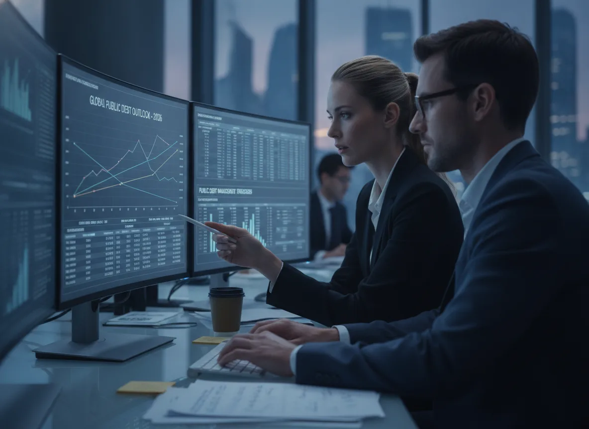 Analistas financeiros analisam gráficos de dívida pública em monitores | Imagine Company - Agência de Marketing e Vendas em Goiânia - GO - BRASIL