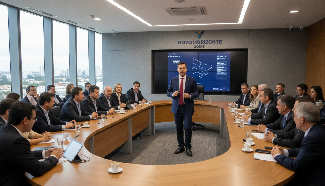 Homem em pé lidera reunião em sala com mesa oval e várias pessoas | Imagine Company - Agência de Marketing e Vendas em Goiânia - GO - BRASIL