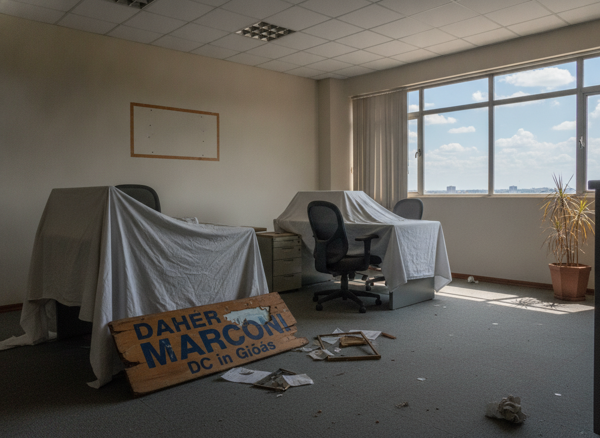Sala de escritório vazia com móveis cobertos e placa política no chão | Imagine Company - Agência de Marketing e Vendas em Goiânia - GO - BRASIL