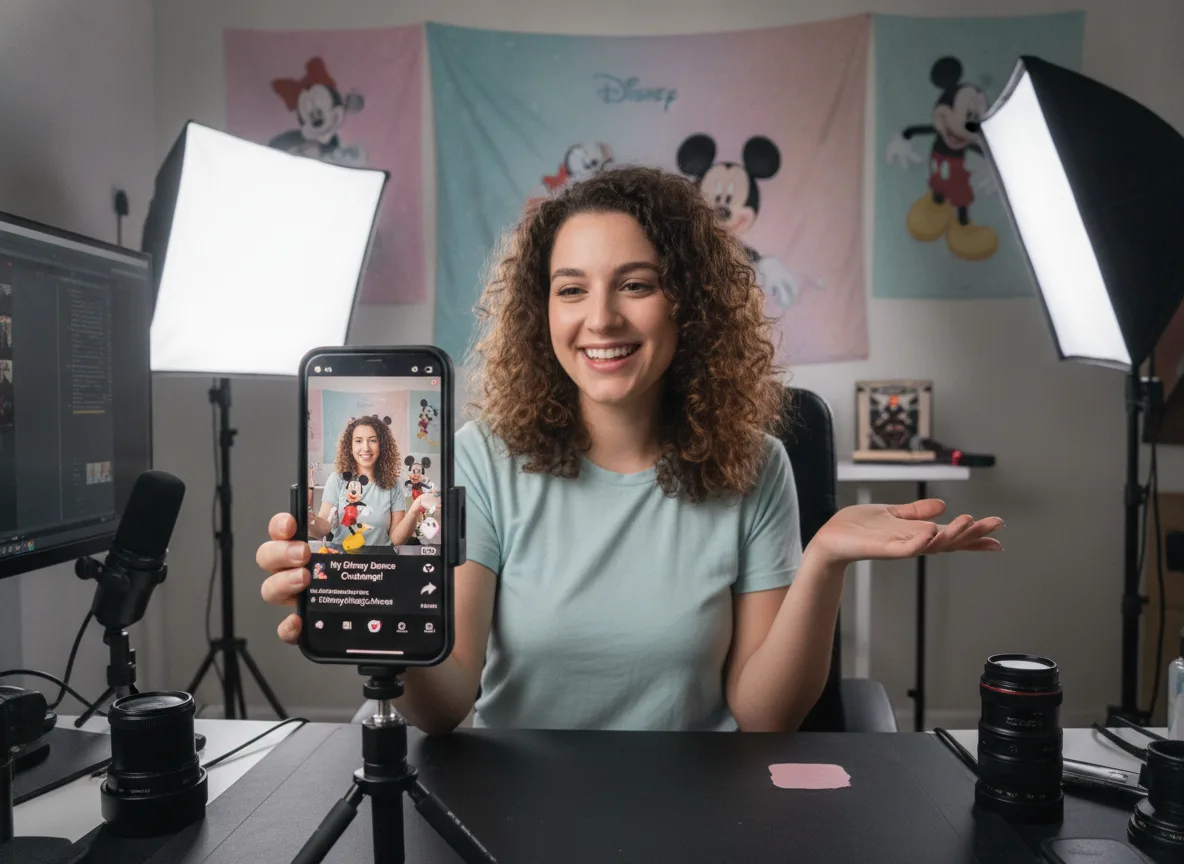 Mulher sorrindo grava video sobre Disney no TikTok em estúdio | Imagine Company - Agência de Marketing e Vendas em Goiânia - GO - BRASIL