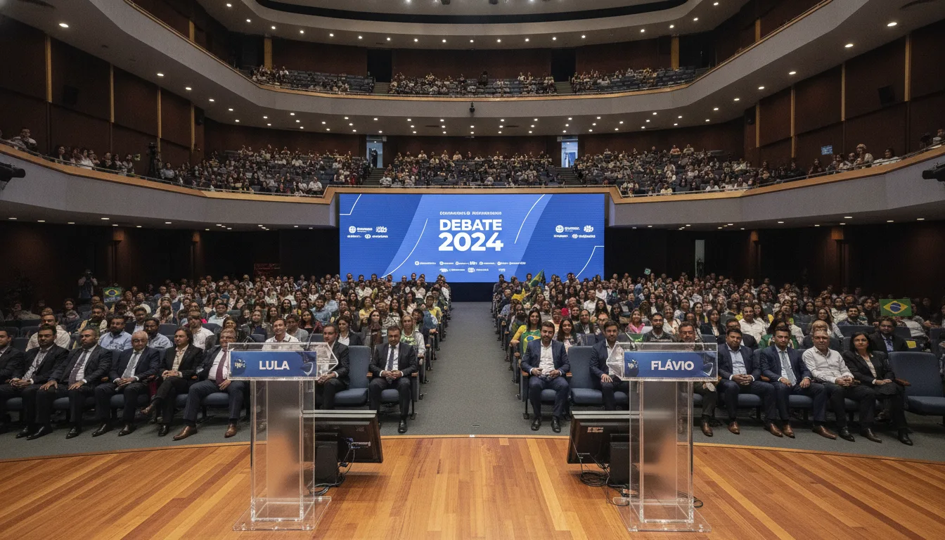 Auditório cheio com Lula e Flávio em debate no palco, 2024 | Imagine Company - Agência de Marketing e Vendas em Goiânia - GO - BRASIL