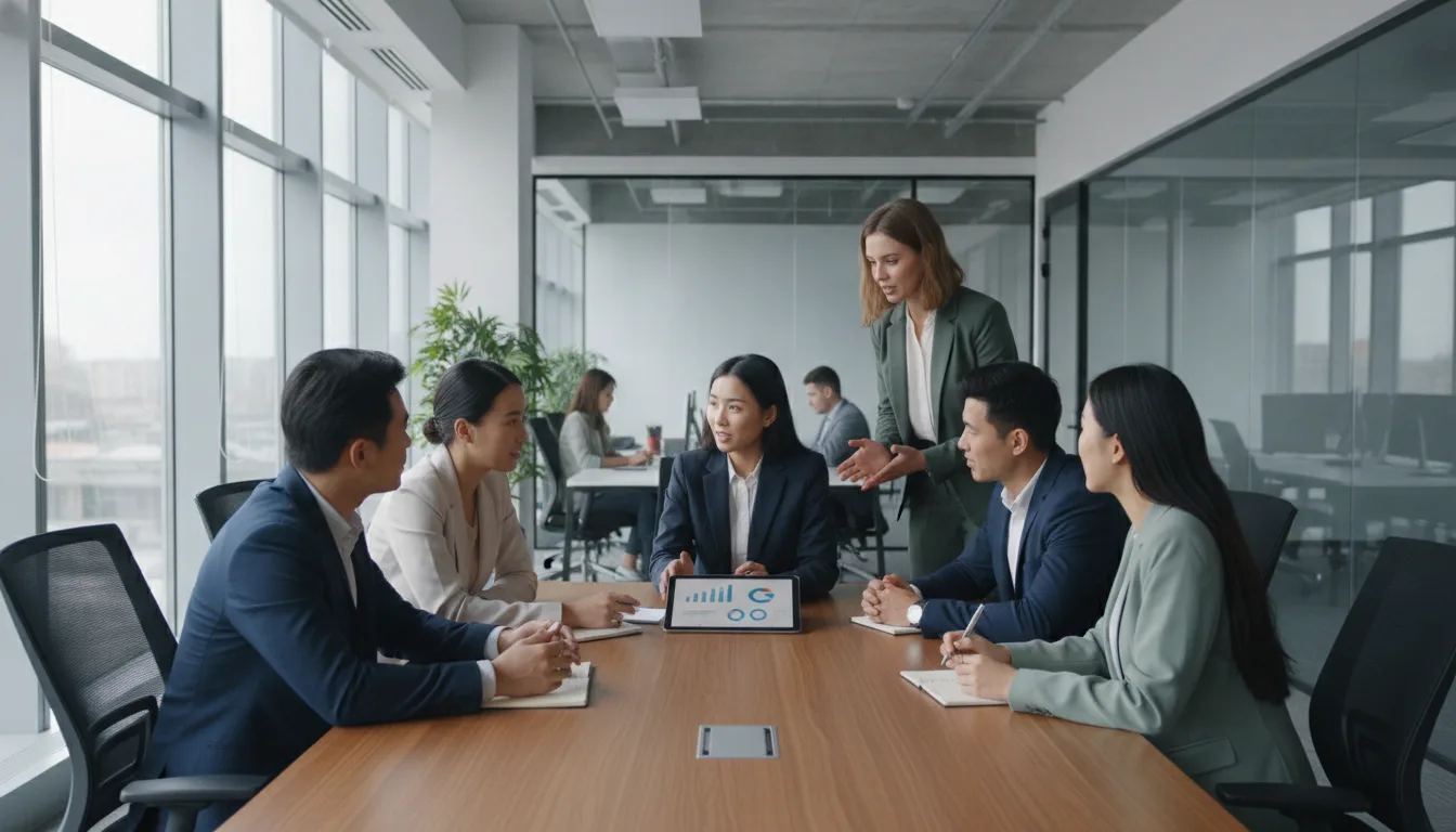 Grupo diverso em reunião empresarial discutindo gráficos em tablet | Imagine Company - Agência de Marketing e Vendas em Goiânia - GO - BRASIL